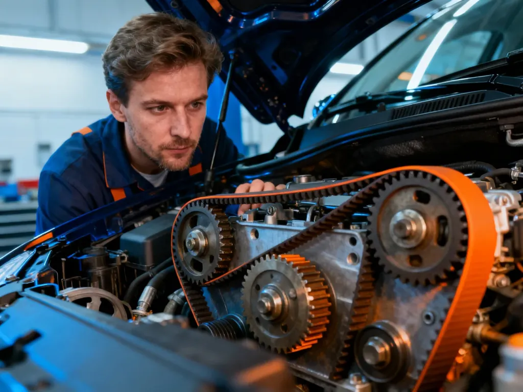 Mechanik wymienia pasek rozrządu w nowoczesnym silniku samochodowym w profesjonalnym warsztacie.