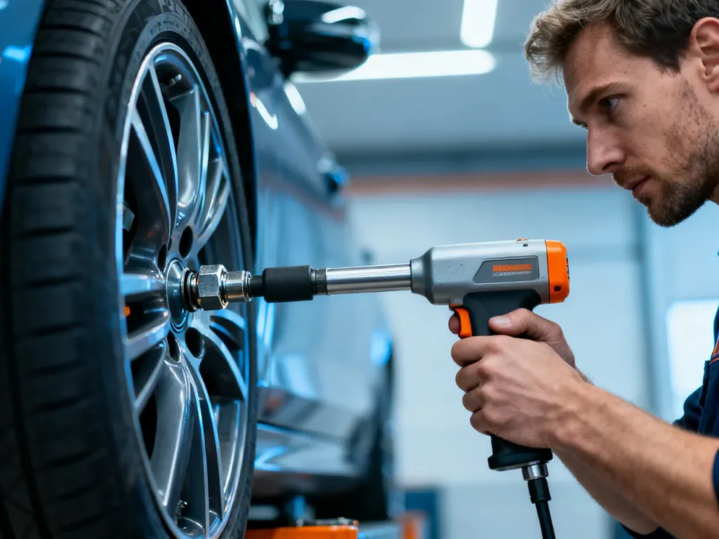 Mechanik używa klucza dynamometrycznego do precyzyjnego dokręcania śruby koła w samochodzie.