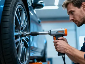 Mechanik z latarką sprawdza silnik samochodu w warsztacie, szukając śladów wycieku płynu chłodniczego.