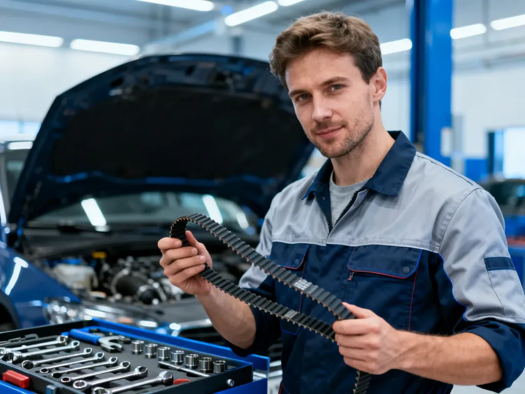 Mechanik w nowoczesnym warsztacie trzyma nowy pasek rozrządu, przygotowując się do wymiany w silniku 1.9 TDI.