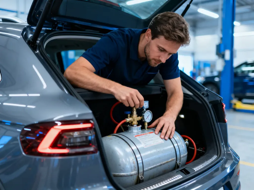 Mechanik wykonuje profesjonalny przegląd zbiornika LPG w bagażniku samochodu w nowoczesnym warsztacie.